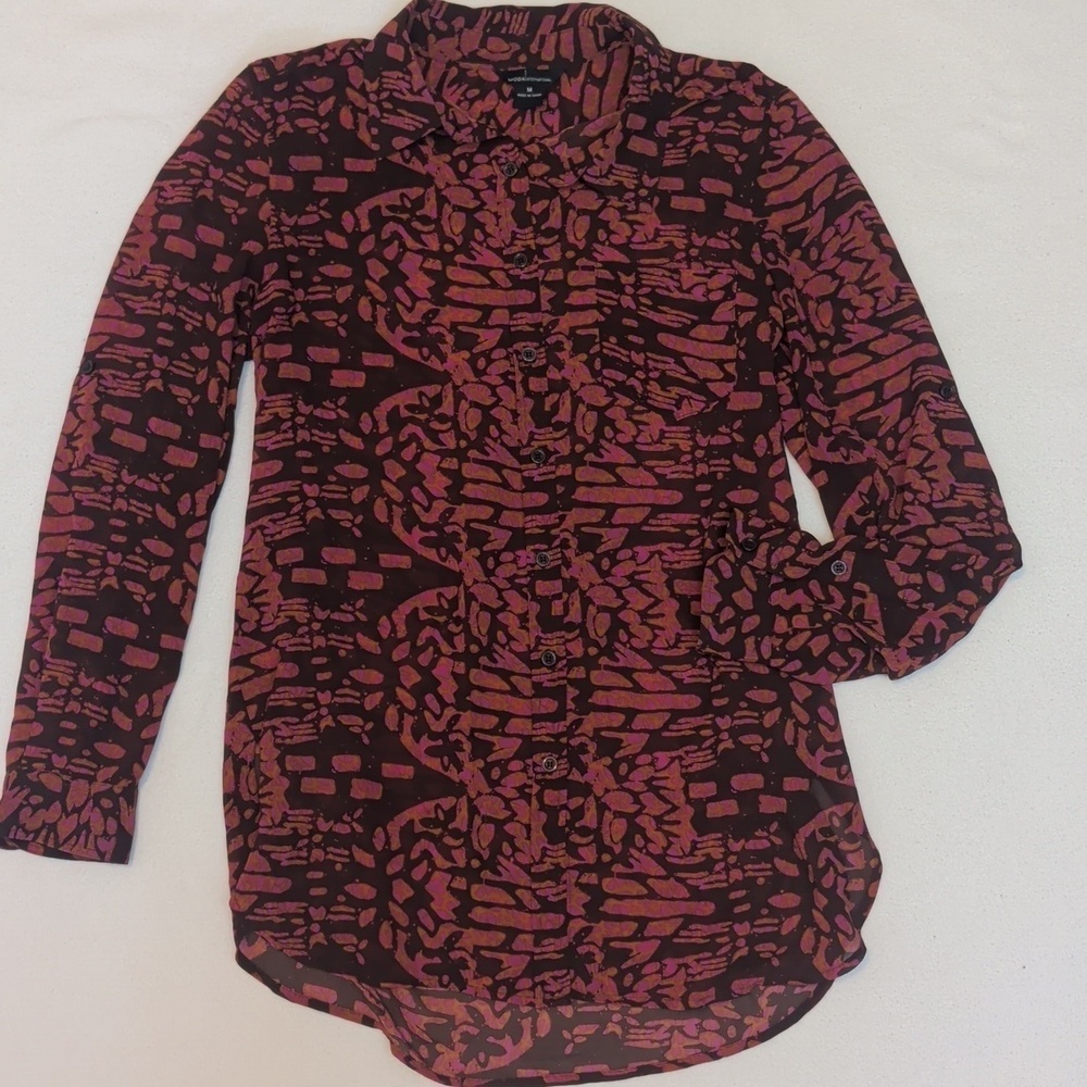 VS Moda Int'l Semi Sheer Pink & Brown Button-Down Blouse - Size Medium - Picture 4 of 8